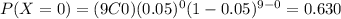 P(X=0)=(9C0)(0.05)^0 (1-0.05)^{9-0}=0.630