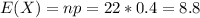 E(X)= np = 22*0.4=8.8