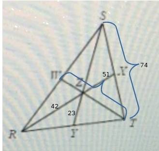 If z is the centroid of angle rst, rz= 42, st= 74, tw= 51, zy=23 and find each measure