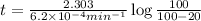 t=\frac{2.303}{6.2\times 10^{-4}min^{-1}}\log\frac{100}{100-20}