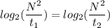 log_2(\dfrac{N^2}{t_1})=log_2(\dfrac{N^2}{t_2})