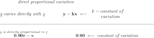 \bf \qquad \qquad \textit{direct proportional variation} \\\\ \textit{\underline{y} varies directly with \underline{x}}\qquad \qquad y=kx\impliedby \begin{array}{llll} k=constant\ of\\ \qquad variation \end{array} \\\\[-0.35em] \rule{34em}{0.25pt}\\\\ \stackrel{\textit{\underline{s} is directly proportional to \underline{r}}}{0.90r=s}\qquad \qquad \qquad 0.90\impliedby \textit{constant of variation}