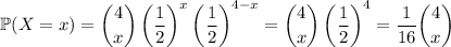\mathbb P(X=x)=\dbinom4x\left(\dfrac12\right)^x\left(\dfrac12\right)^{4-x}=\dbinom4x\left(\dfrac12\right)^4=\dfrac1{16}\dbinom4x