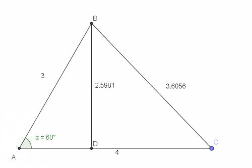 Abc is a triangle in which ∠a = 60o, ab = 3 cm and ac = 4 cm. if bd is the perpendicular from b to t