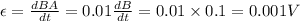 \epsilon = \frac{dBA}{dt} = 0.01\frac{dB}{dt} = 0.01\times 0.1 = 0.001 V