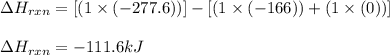 \Delta H_{rxn}=[(1\times (-277.6))]-[(1\times (-166))+(1\times (0))]\\\\\Delta H_{rxn}=-111.6kJ