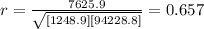 r=\frac{7625.9}{\sqrt{[1248.9][94228.8]}}=0.657