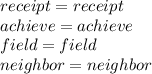 receipt = receipt  \\ achieve = achieve  \\ field = field  \\ neighbor = neighbor