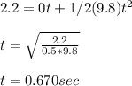 2.2=0t+1/2(9.8)t^2\\\\t=\sqrt{\frac{2.2}{0.5*9.8}}\\\\t=0.670sec