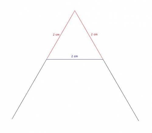 Rudraksh cuts off three equilateral triangles, of sides 2cm each, from the three corners of a bigger