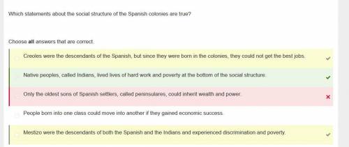 Which statements about the social structure of the spanish colonies are true?  choose all answers th