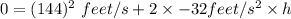 0 = (144)^{2}\ feet/s+2\times -32feet/s^{2}\times h
