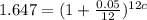 1.647=(1+\frac{0.05}{12})^{12c}