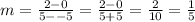 m=\frac{2-0}{5--5}=\frac{2-0}{5+5}=\frac{2}{10}=\frac{1}{5}