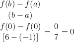 \dfrac{f(b)-f(a)}{(b-a)}\\\\\dfrac{f(0)-f(0)}{[6-(-1)]} = \dfrac{0}{7} = 0