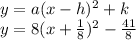 y=a(x-h)^{2}+k\\ y=8(x+\frac{1}{8} )^{2} -\frac{41}{8}