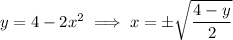 y=4-2x^2\implies x=\pm\sqrt{\dfrac{4-y}2}