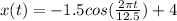 x(t) = -1.5cos(\frac{2 \pi t}{12.5}) + 4