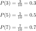 P(3)=\frac{3}{10}=0.3\\\\P(5)=\frac{5}{10}=0.5\\\\P(7)=\frac{7}{10}=0.7