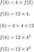 f(3)=4\times f(2)\\\\f(3)=12\times 4.\\\\\f(4)=4\times 4\times 12\\\\f(4)=12\times 4^2\\\\f(5)=12\times 4^3