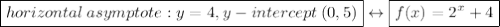 \boxed{horizontal\:asymptote:y=4,y-intercept\:(0,5)} \leftrightarrow \boxed{f(x)=2^x+4}
