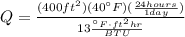 Q = \frac{(400ft^2)(40 \°F)(\frac{24 hours}{1 day})}{13\frac{\° F \cdot ft^2 hr}{BTU}}