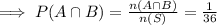 \implies P(A\cap B)=\frac{n(A\cap B)}{n(S)}=\frac{1}{36}
