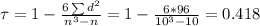 \tau = 1- \frac{6\sum d^2}{n^3 -n}=1-\frac{6*96}{10^3 -10}=0.418