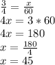 \frac{3}{4}=\frac{x}{60}\\4x=3*60\\4x=180\\x=\frac{180}{4}\\x=45
