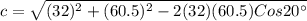 c=\sqrt{(32)^2+(60.5)^2-2(32)(60.5)Cos 20^{\circ}}