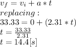 v_{f} =v_{i} +a*t\\replacing:\\33.33=0+(2.31*t)\\t=\frac{33.33}{2.31}\\ t=14.4[s]