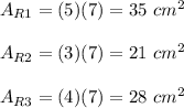 A_{R1}=(5)(7)=35\ cm^2\\\\A_{R2}=(3)(7)=21\ cm^2\\\\A_{R3}=(4)(7)=28\ cm^2