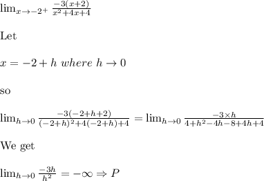 \lim_{x\to -2^+} \frac{-3(x+2)}{x^2+4x+4}&#10;\\&#10;\\ \text{Let}&#10;\\&#10;\\x=-2+h\ where\ h\to 0&#10;\\&#10;\\ \text{so} &#10;\\&#10;\\\lim_{h\to 0} \frac{-3(-2+h+2)}{(-2+h)^2+4(-2+h)+4} =\lim_{h \to 0}\frac{-3\times h}{4+h^2-4h-8+4h+4}&#10;\\&#10;\\ \text{We get}&#10;\\&#10;\\\lim_{h\to 0}\frac{-3h}{h^2}=-\infty\Rightarrow P