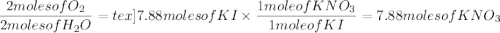\dfrac{2molesofO_{2}}{2molesofH_{2}O}=\[tex]7.88molesofKI\times\dfrac{1moleofKNO_{3}}{1moleofKI}=7.88molesofKNO_{3}
