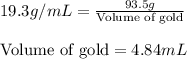 19.3g/mL=\frac{93.5g}{\text{Volume of gold}}\\\\\text{Volume of gold}=4.84mL