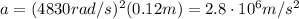 a=(4830 rad/s)^2 (0.12 m)=2.8\cdot 10^6 m/s^2