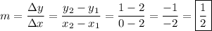 m=\dfrac{\Delta{y}}{\Delta{x}}=\dfrac{y_2-y_1}{x_2-x_1}=\dfrac{1-2}{0-2}=\dfrac{-1}{-2}=\boxed{\dfrac{1}{2}}