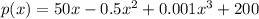 p(x)= 50x -0.5x^2 +0.001x^3 +200