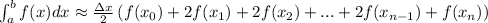 \int_{a}^{b}f(x)dx\approx\frac{\Delta{x}}{2}\left(f(x_0)+2f(x_1)+2f(x_2)+...+2f(x_{n-1})+f(x_n)\right)