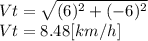 Vt = \sqrt{(6)^{2} +(-6)^{2} } \\Vt=8.48[km/h]