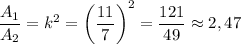 \dfrac{A_1}{A_2}=k^2=\left(\dfrac{11}{7}\right)^2=\dfrac{121}{49}\approx2,47