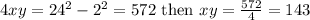 4xy=24^2-2^2=572\text{ then }xy=\frac{572}{4}=143