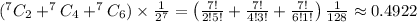 (^7C_2+^7C_4+^7C_6)\times\frac{1}{2^7}=\left(\frac{7!}{2!5!}+\frac{7!}{4!3!}+\frac{7!}{6!1!}\right)\frac{1}{128}\approx 0.4922
