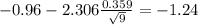 -0.96-2.306\frac{0.359}{\sqrt{9}}=-1.24