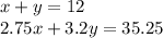 x + y = 12\\2.75x + 3.2y = 35.25