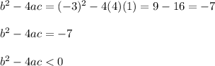 b^2 - 4ac = (-3)^2 - 4(4)(1) = 9 - 16 = -7\\\\b^2 - 4ac = -7\\\\b^2-4ac < 0