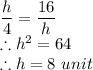 \dfrac{h}{4} =\dfrac{16}{h}\\\therefore h^{2}=64\\\therefore h=8\ unit