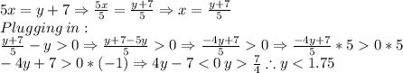 5x=y+7\Rightarrow \frac{5x}{5}=\frac{y+7}{5}\Rightarrow x=\frac{y+7}{5}\\Plugging\: in:\:\\\frac{y+7}{5}-y0\Rightarrow \frac{y+7-5y}{5}0\Rightarrow \frac{-4y+7}{5}0\Rightarrow \frac{-4y+7}{5}*50*5\\-4y+70 *(-1)\Rightarrow 4y-7\frac{7}{4}\therefore y