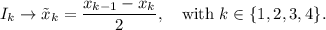 I_k \to \tilde{x}_k = \dfrac{x_{k-1}-x_k}{2}, \quad \textrm{with } k \in\{1,2,3,4\}.