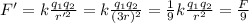 F'=k\frac{q_1 q_2}{r'^2}=k\frac{q_1 q_2}{(3r)^2}=\frac{1}{9}k\frac{q_1 q_2}{r^2}=\frac{F}{9}